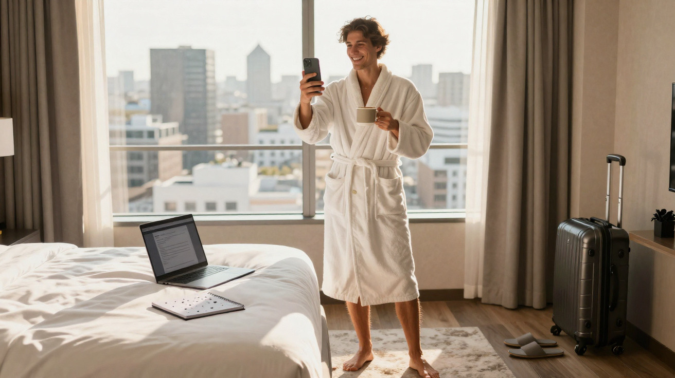 Homem em roupão branco segurando caneca e celular em quarto de hotel com vista para a cidade.