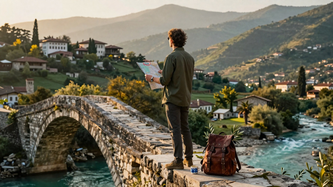 Homem com mochila olha mapa em ponte de pedra com rio e montanhas ao fundo ao pôr do sol.