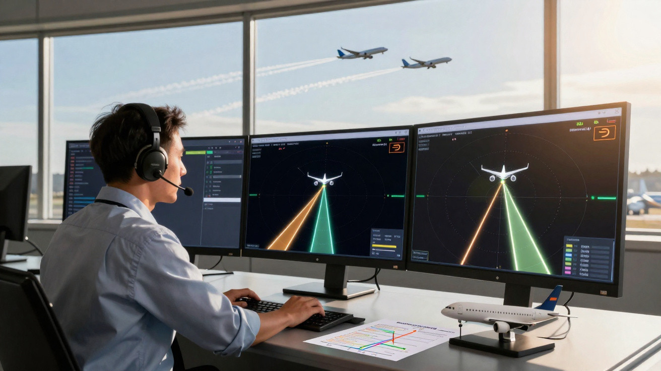 Controlador de tráfego aéreo com headset monitora radares de aviões em sala com janela e dois aviões ao fundo.