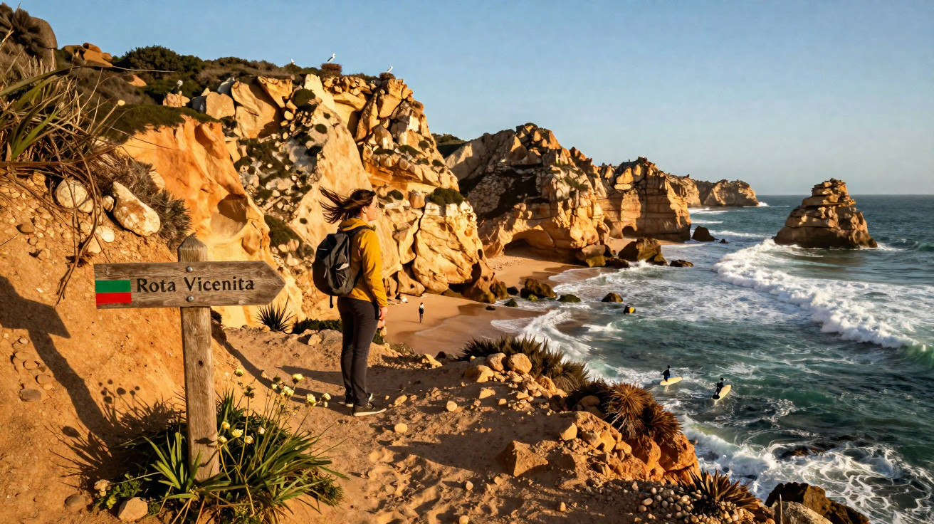 Pessoa de jaqueta amarela observa o mar e as formações rochosas na trilha Rota Vicentina ao pôr do sol.