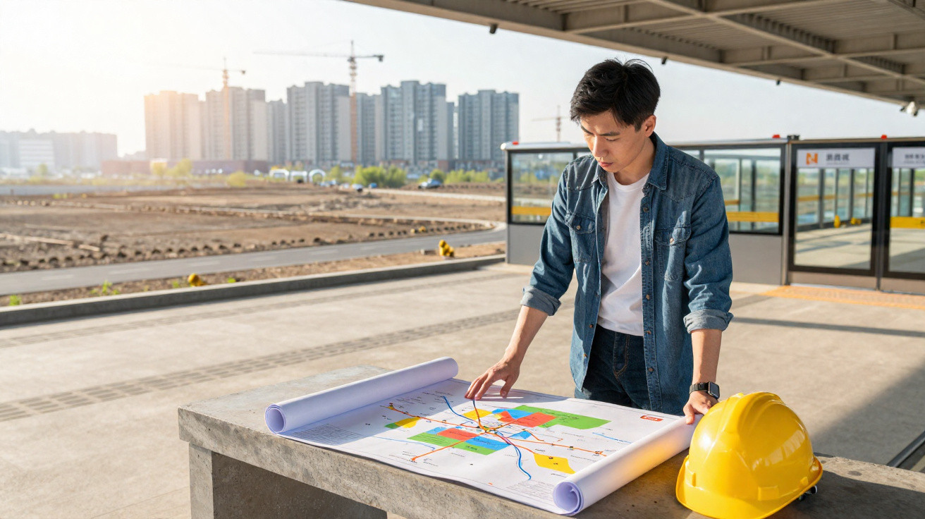 Homem olhando planta colorida de construção sobre mesa externa com capacete amarelo ao lado.