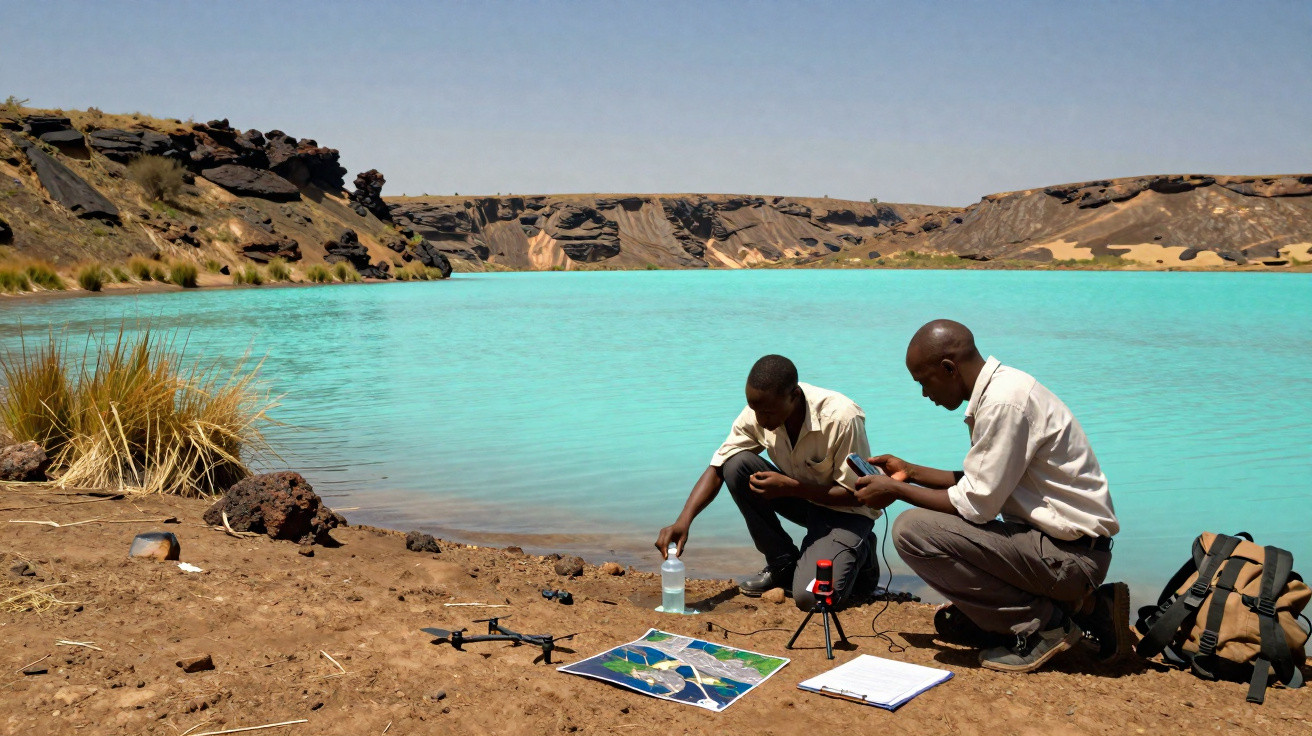 Dois homens fazendo pesquisa científica perto de um lago de água azul em área árida.