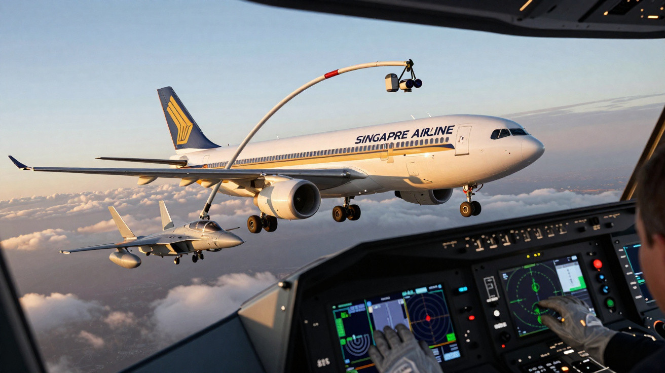 Imagem vista da cabine de comando de um avião, mostrando uma aeronave da Singapore Airlines e um jato militar voando juntos a