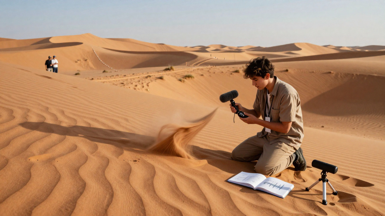 Pessoa segurando microfone de campo e fazendo gravação de som nas dunas do deserto durante o dia.