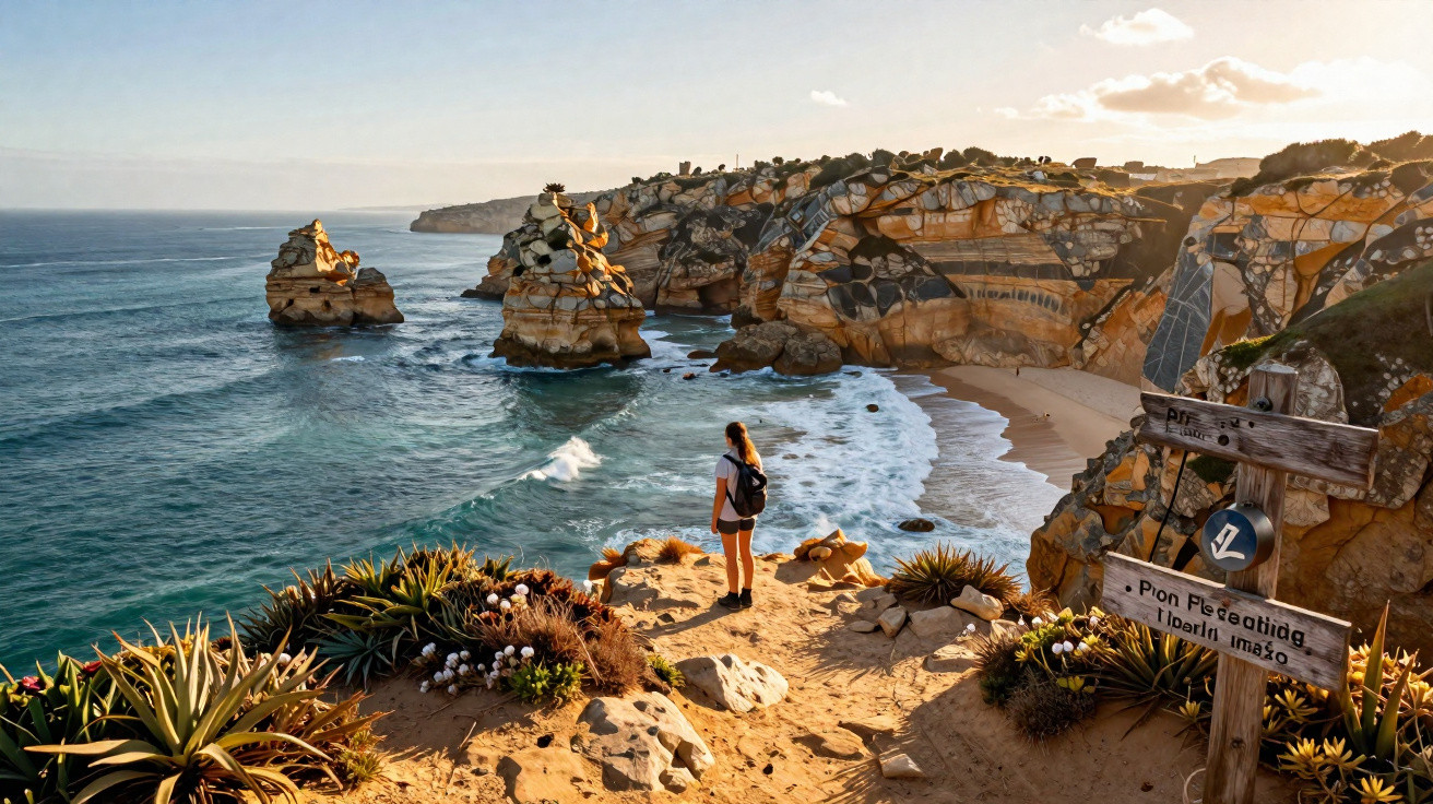 Pessoa de mochila observa falésias e mar azul em praia ensolarada com vegetação seca e placa de madeira.