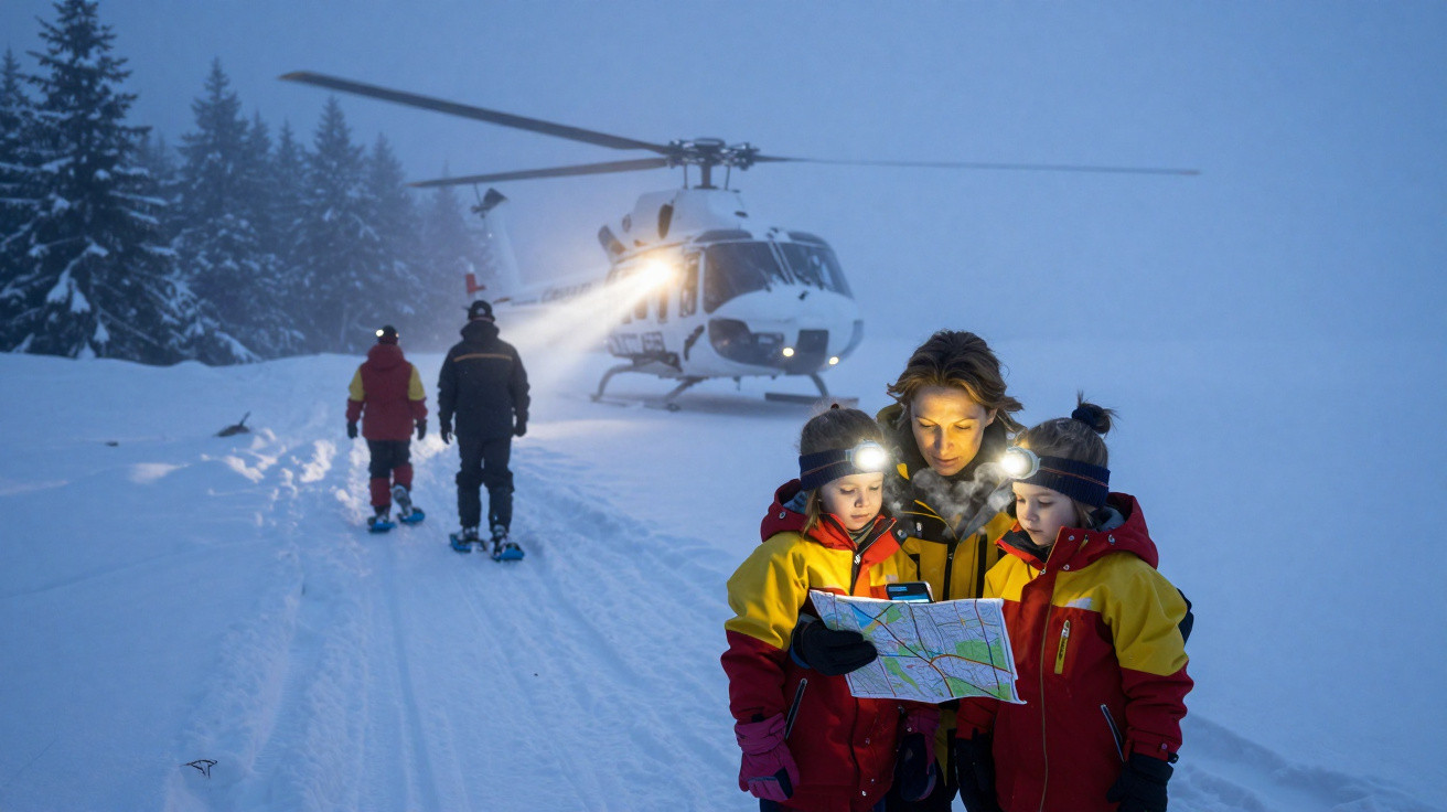 Família vestindo roupas para neve olhando mapa perto de helicóptero e pessoas caminhando na neve ao anoitecer.