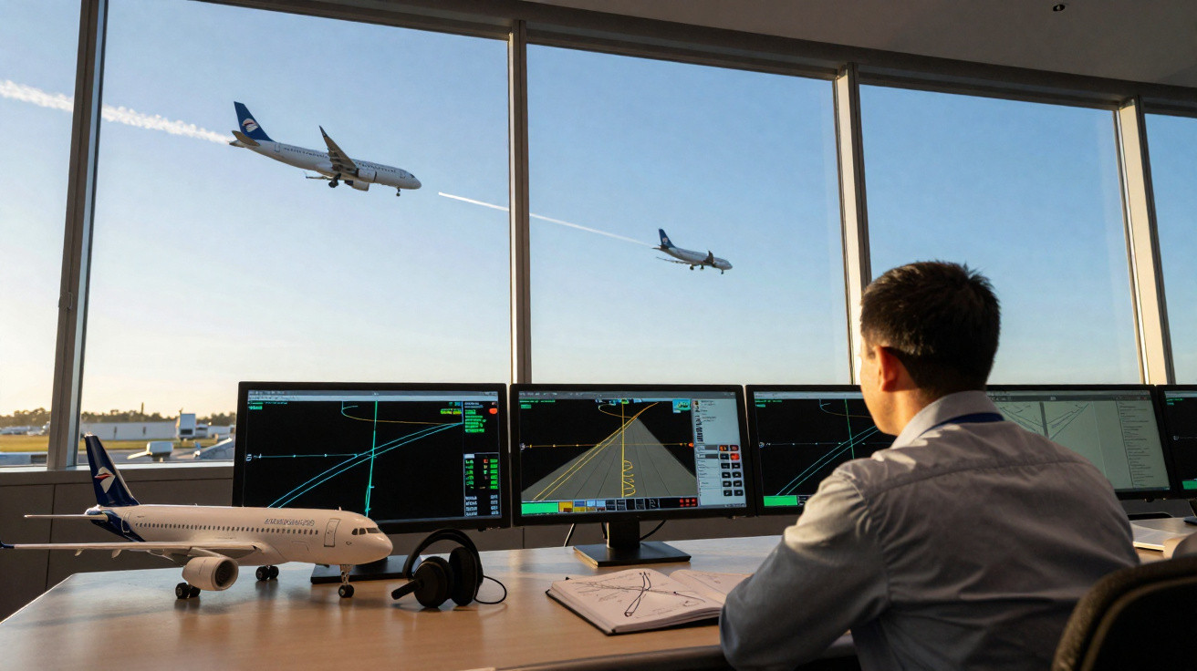Controlador aéreo observando aviões pousando enquanto monitora telas com dados de voo em torre de controle.