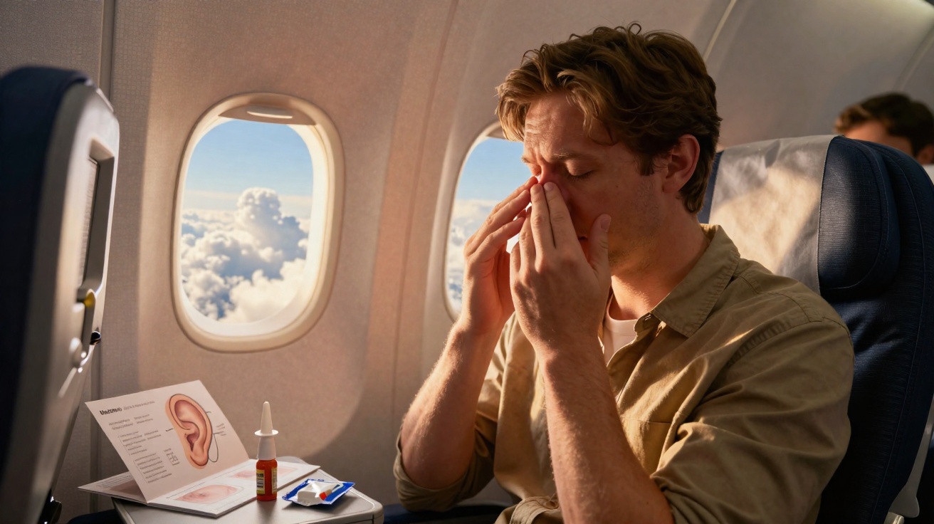 Homem em avião massageando o nariz e olhos para aliviar desconforto de pressão nos ouvidos.
