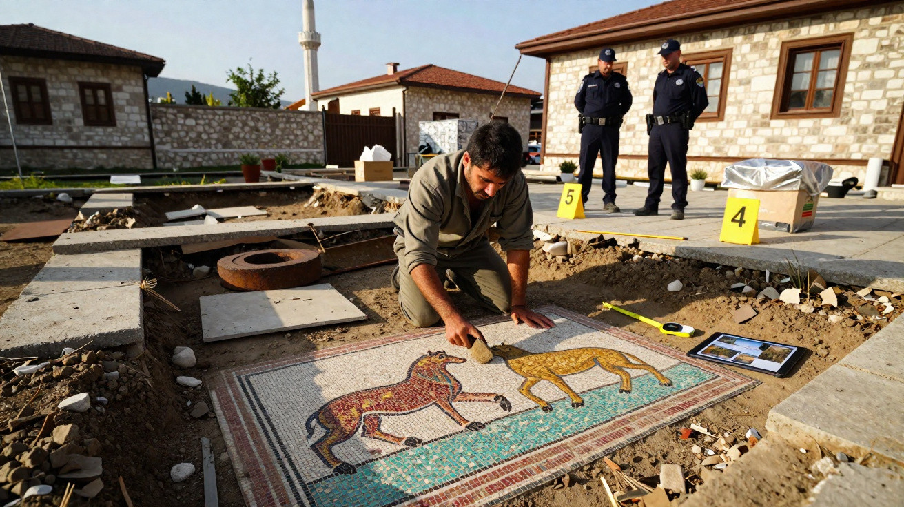 Arqueólogo restaurando mosaico antigo com figuras de cavalos durante escavação supervisionada por policiais.
