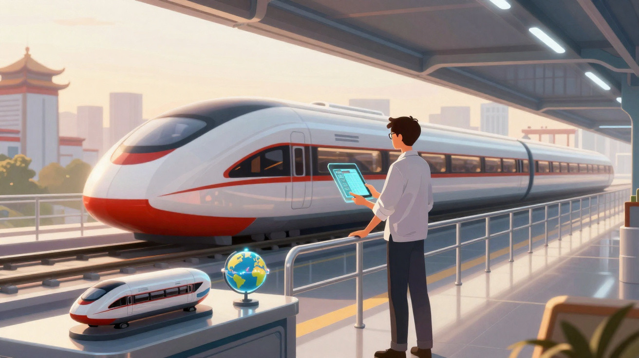Homem com tablet observa trem de alta velocidade na plataforma de estação moderna ao pôr do sol.