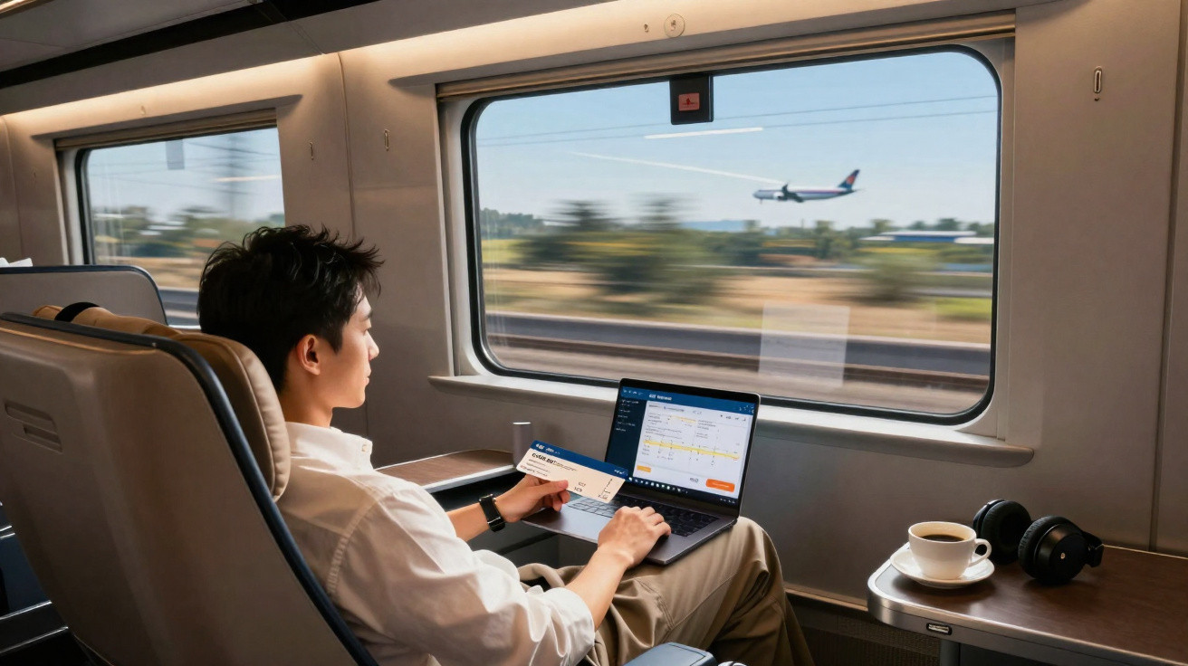 Homem sentado em trem, segurando passagem aérea e usando laptop, com avião ao fundo pela janela.