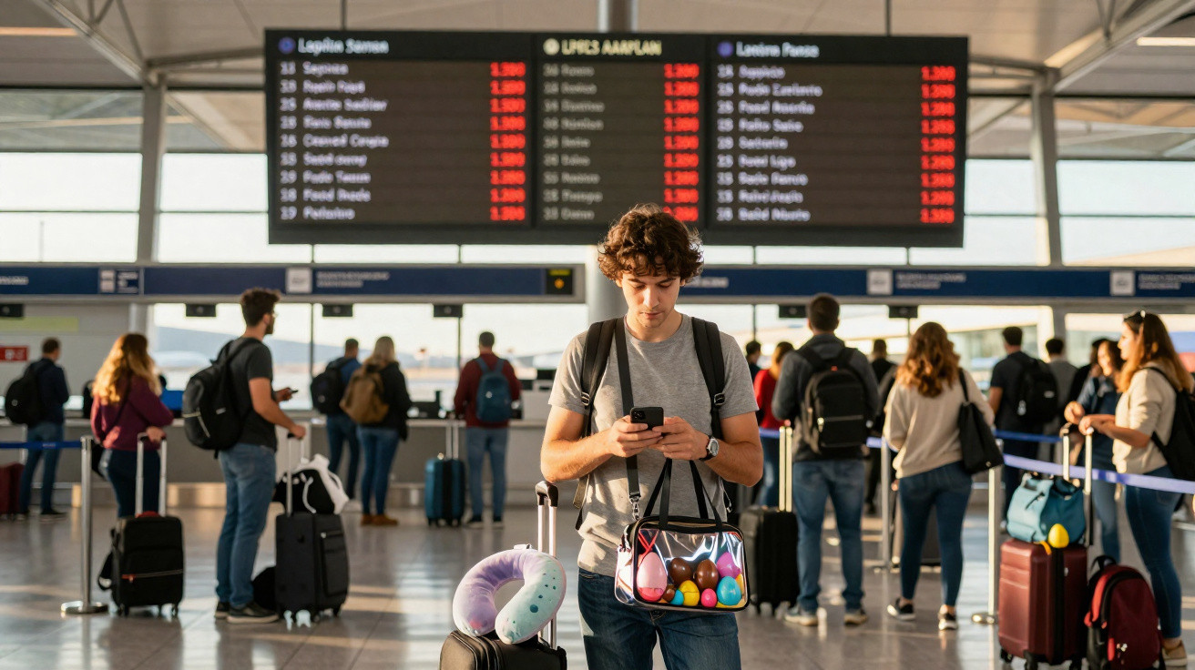 Jovem com mochila e mala usa celular em aeroporto movimentado com painel de voos ao fundo.