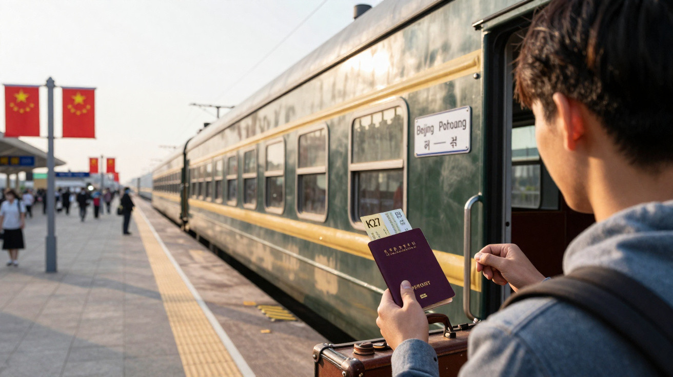 Jovem segurando passaporte e mala na plataforma, esperando para entrar em trem com bandeiras da China ao fundo.
