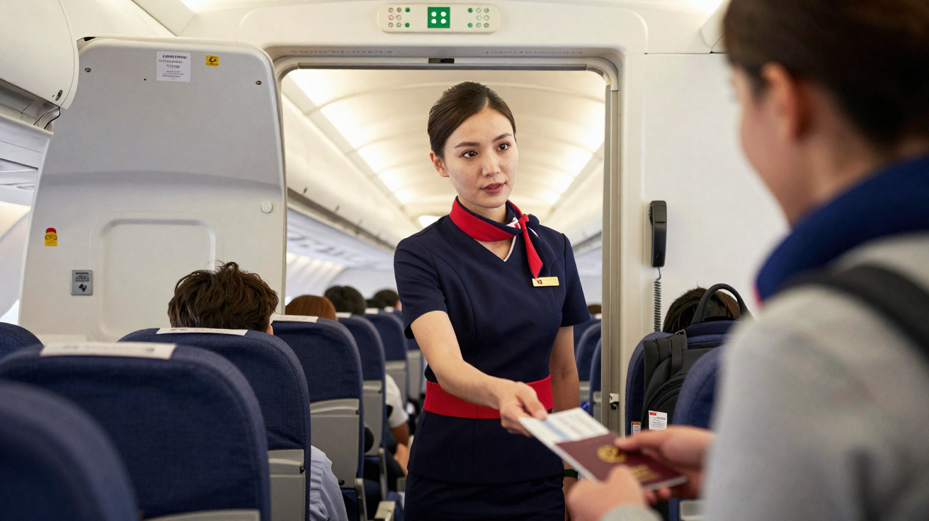 Comissária de bordo recebe documentos de passageiro dentro da cabine de avião.