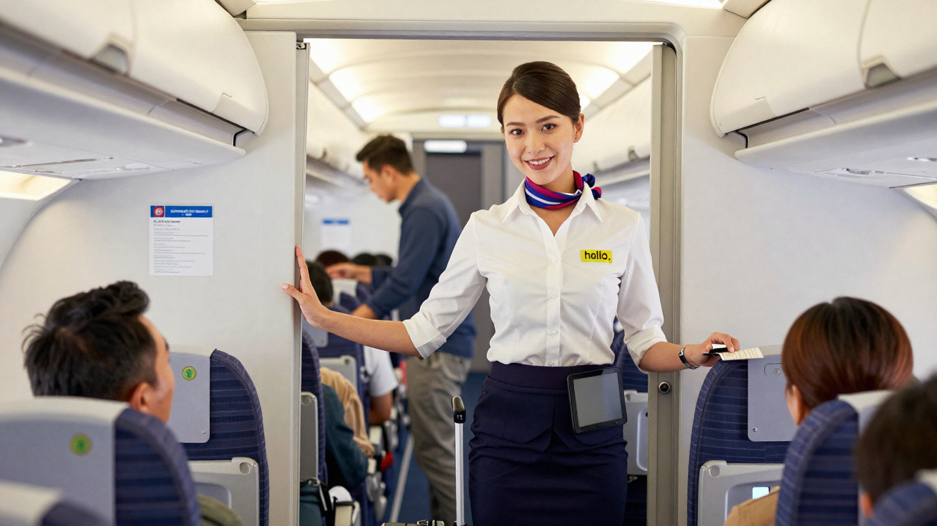 Comissária de bordo sorridente segurando bilhete dentro da cabine de avião com passageiros sentados.