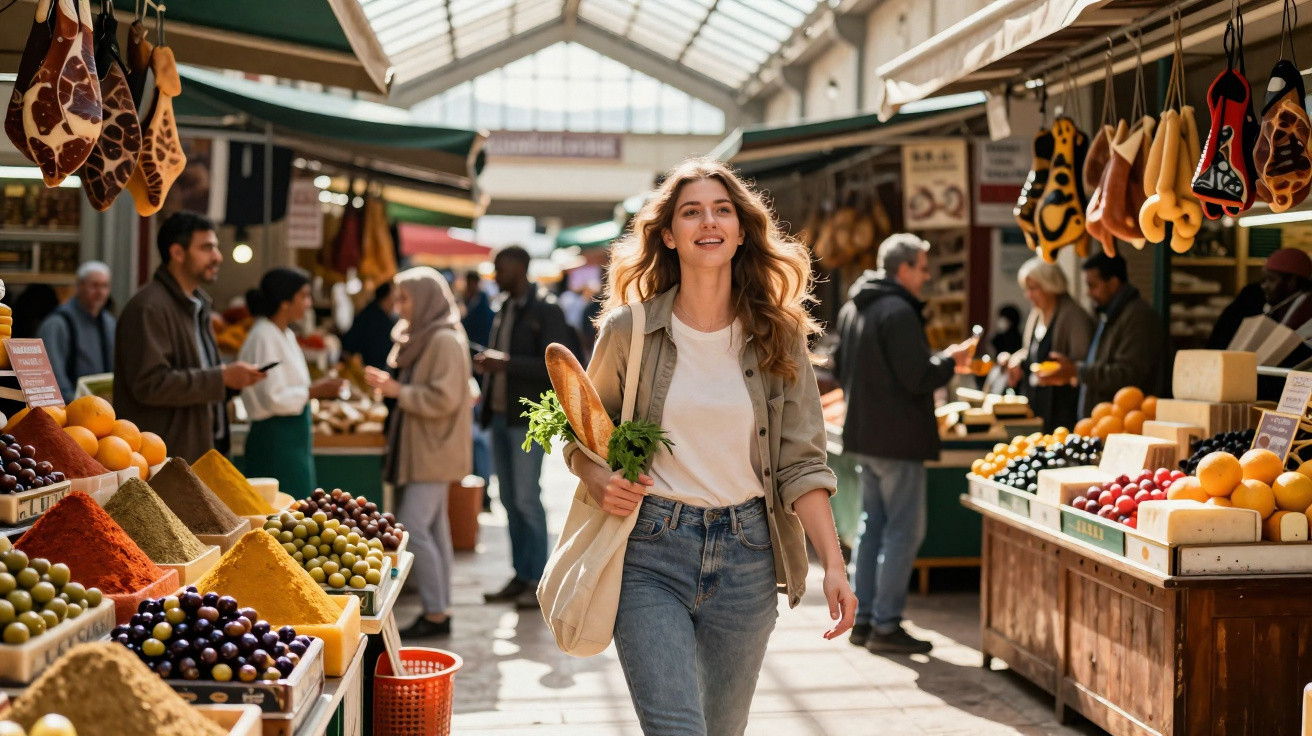 Jovem mulher sorridente caminhando em mercado ao ar livre com baguete e verduras na bolsa a tiracolo.