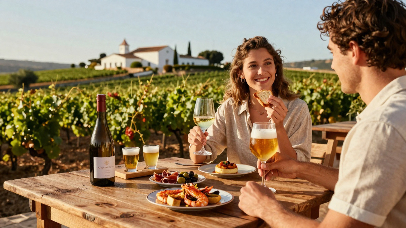 Casal desfrutando de vinho e petiscos em mesa de madeira ao ar livre com vinhedo e prédio ao fundo.
