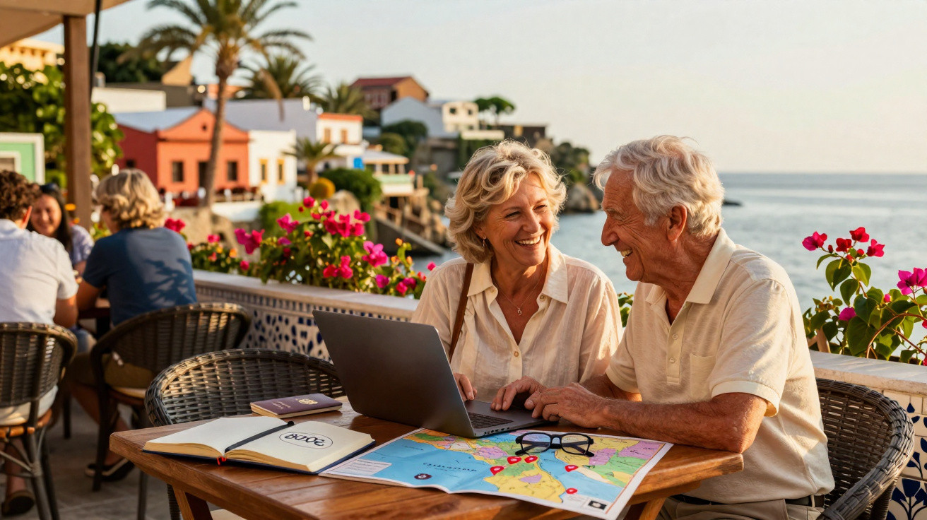 Casal sênior feliz planejando viagem com laptop e mapa em restaurante à beira-mar ensolarado.