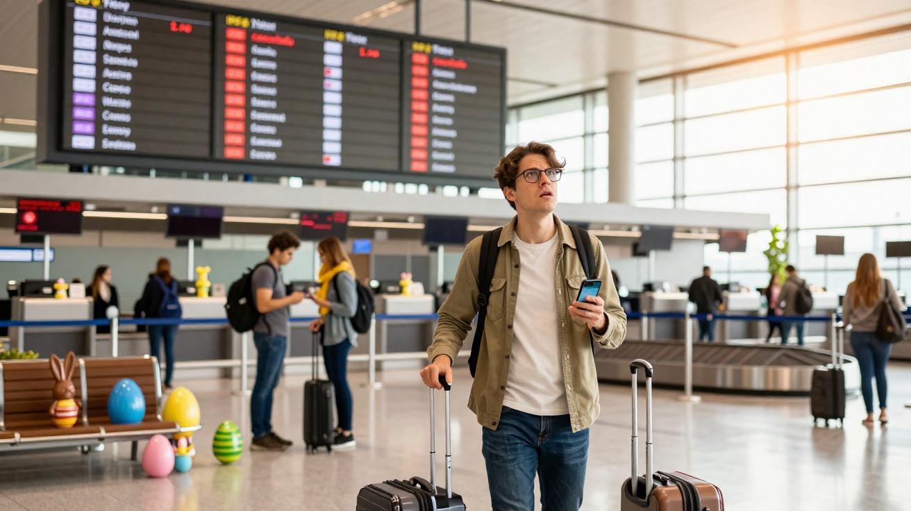 Jovem no saguão do aeroporto com duas malas, celular na mão, olhando para o painel de voos.