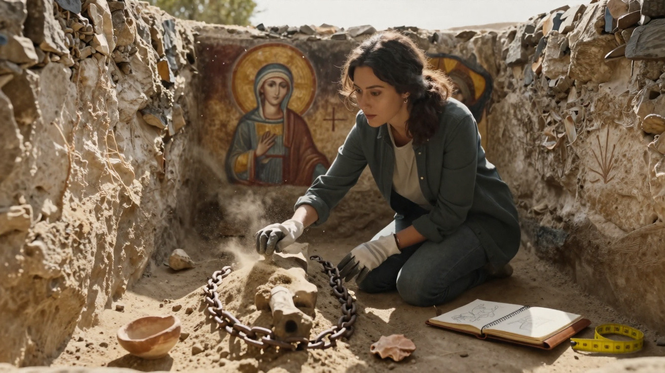Mulher arqueóloga examina ossada e correntes em escavação com pintura religiosa ao fundo durante pesquisa.
