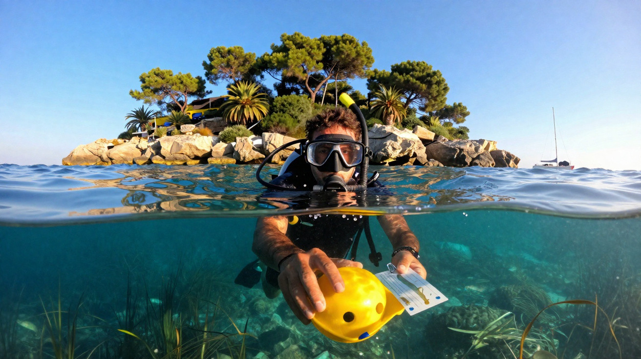 Mergulhador com máscara segurando instrumento amarelo em águas claras próximo a ilha com árvores e pedras.