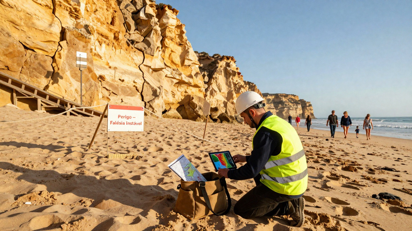 Homem com capacete e colete analisa mapas na areia próxima a uma falésia com placa de perigo na praia.