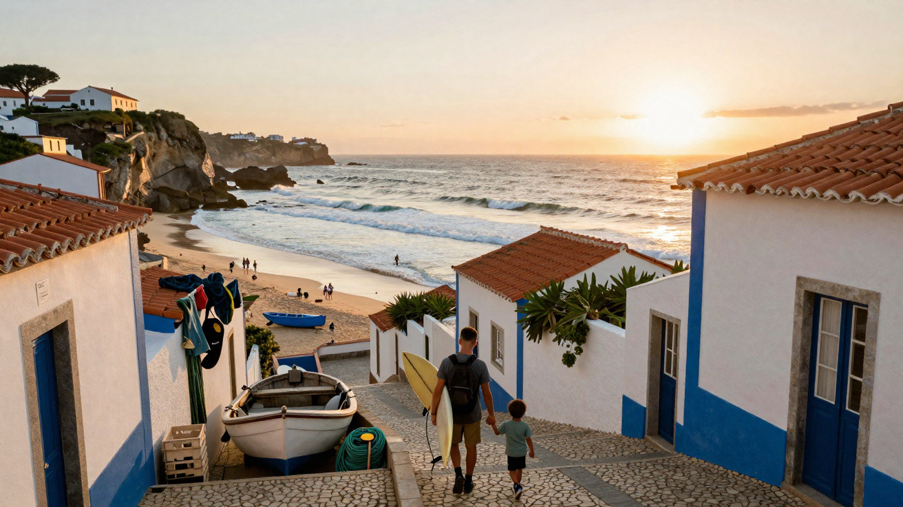Caminho de pedra entre casas brancas, homem e menino com prancha descendo à praia ao pôr do sol.