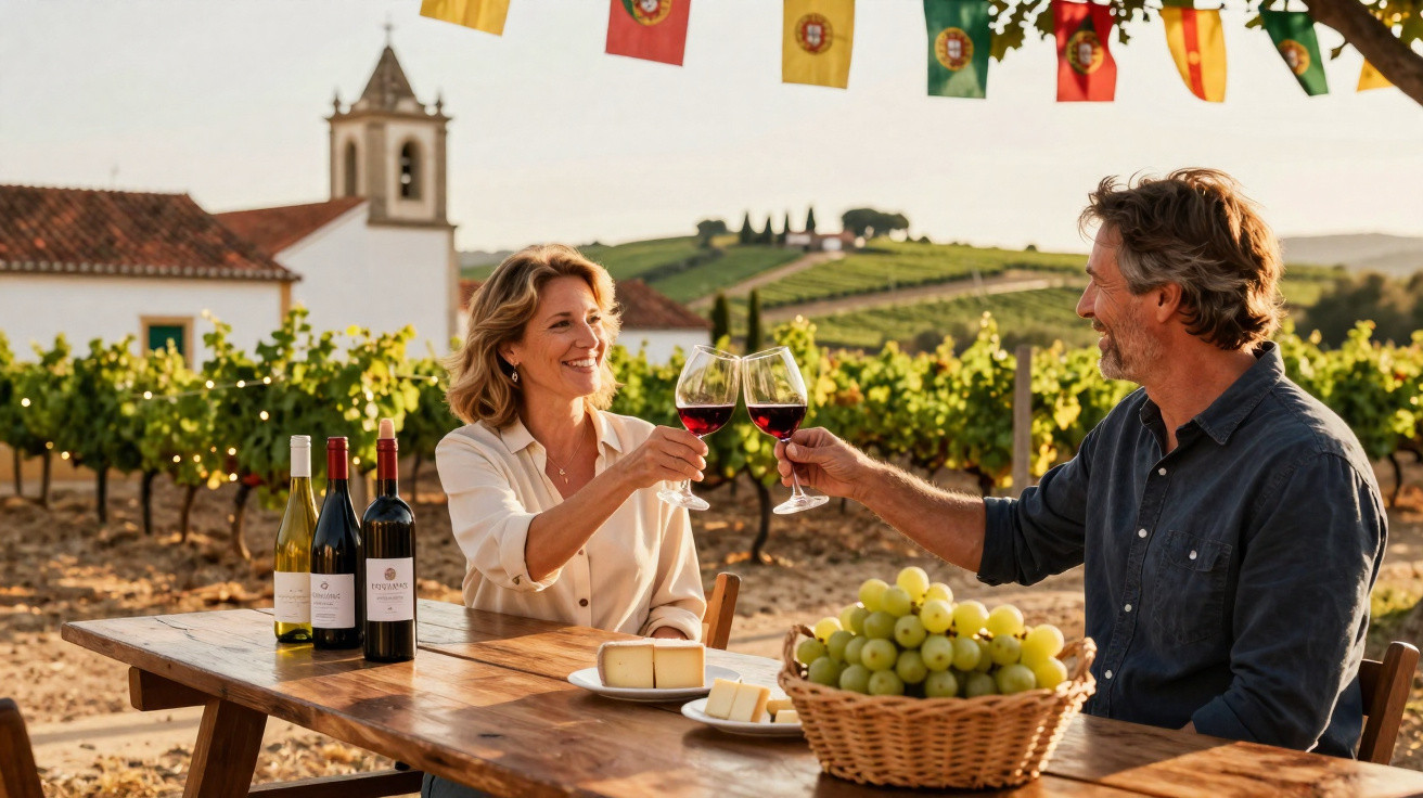 Casal brinda com taças de vinho tinto em mesa na vinícola com cacho de uvas e queijos ao pôr do sol.