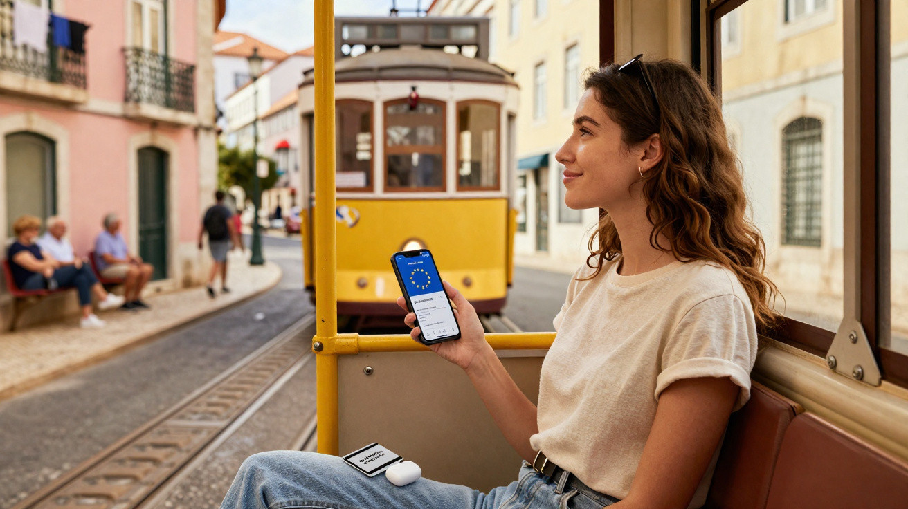 Jovem sentada em bonde amarelo, segurando celular com tela da União Europeia, em rua urbana.