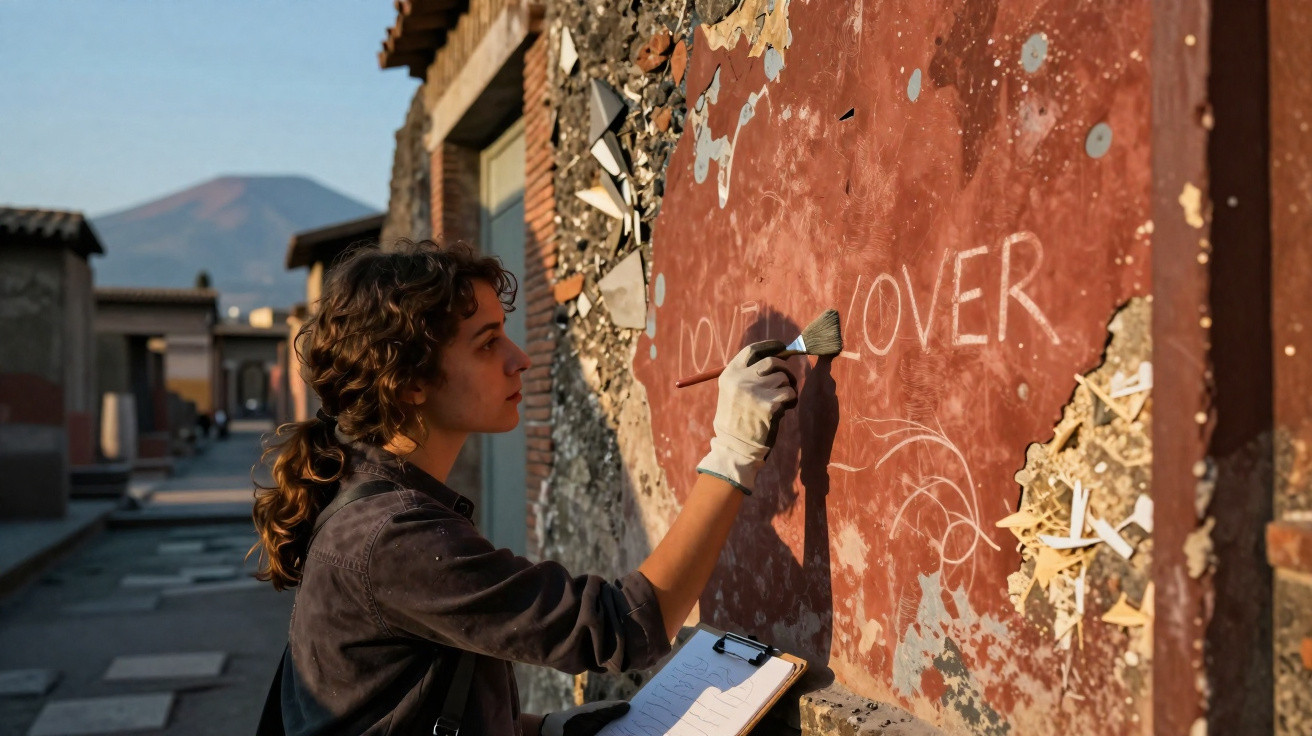 Mulher com luva restaurando parede antiga com pintura e segurando prancheta em local histórico.