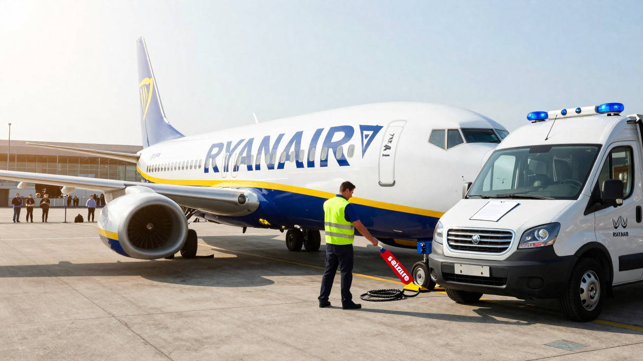 Avião da Ryanair no aeroporto sendo equipado por funcionário com veículo de apoio ao lado.
