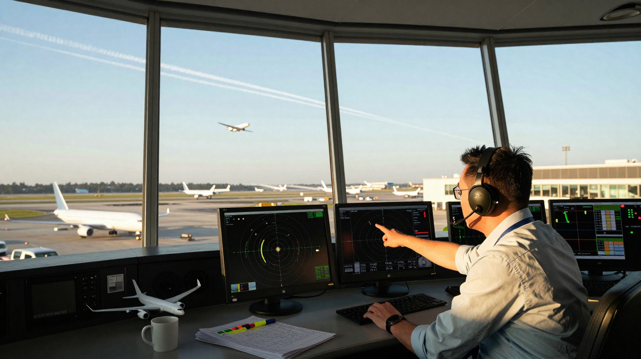 Controlador aéreo operando radar em torre de aeroporto com vários aviões visíveis pela janela.