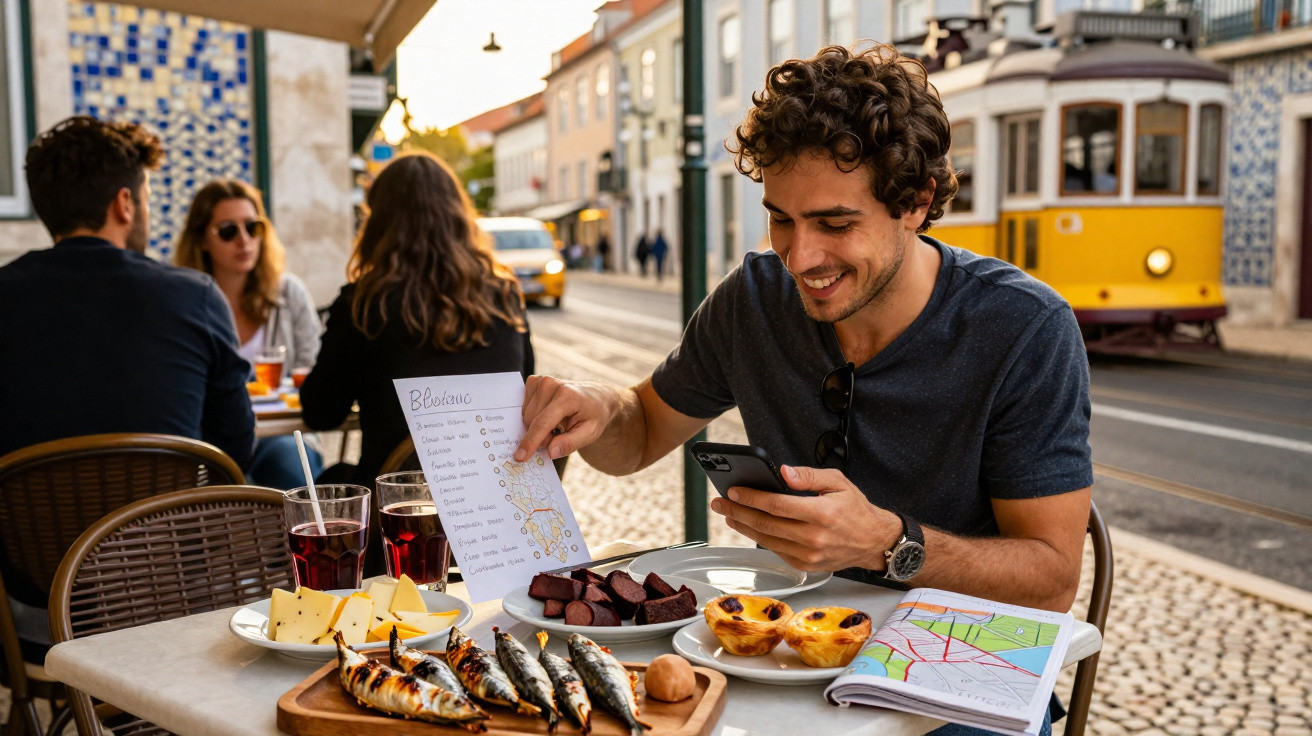 Homem sorridente em café ao ar livre com pratos portugueses, mapa e bonde amarelo ao fundo.