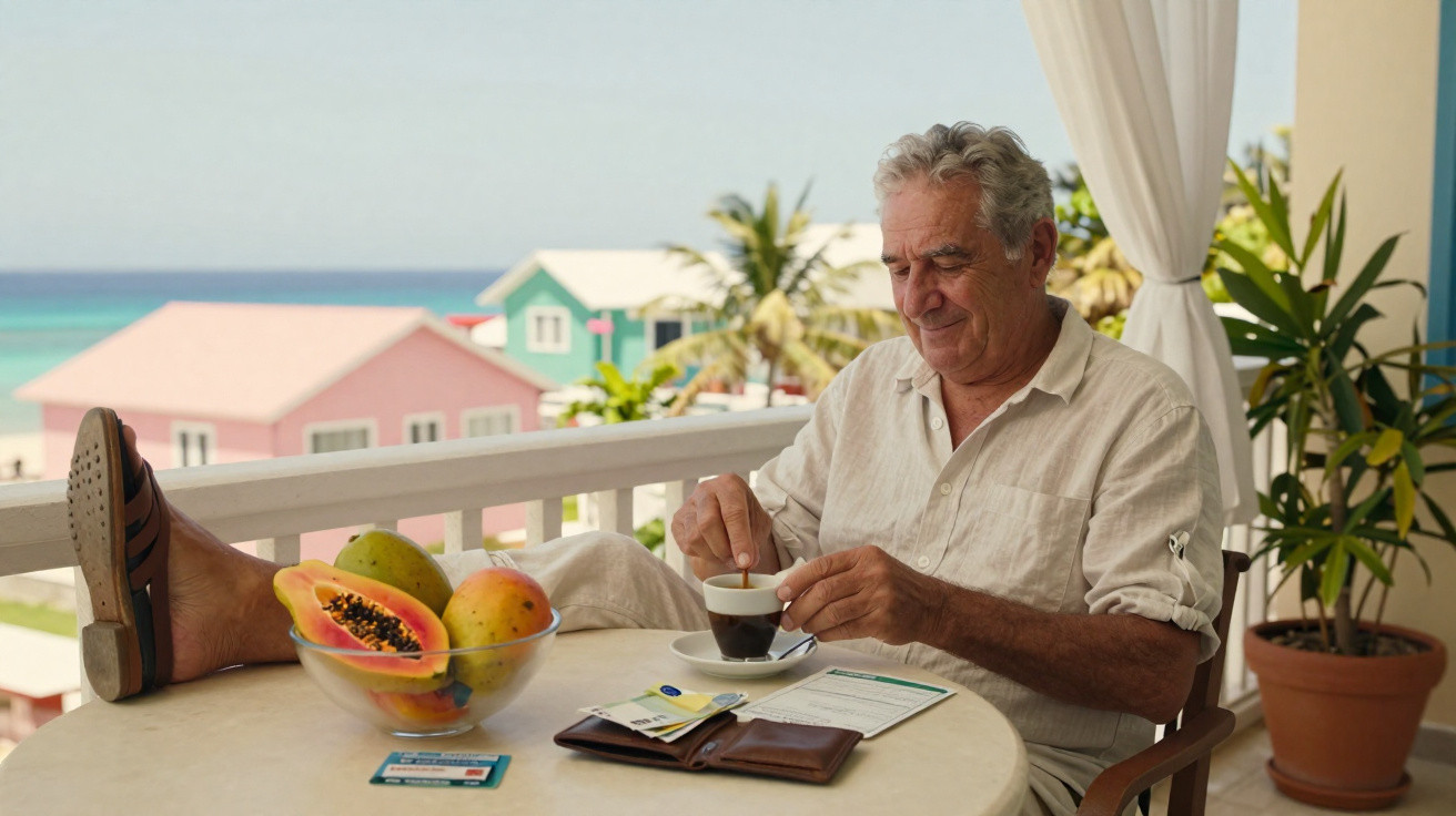 Homem idoso tomando café na varanda com vista para casas coloridas e o mar ao fundo.