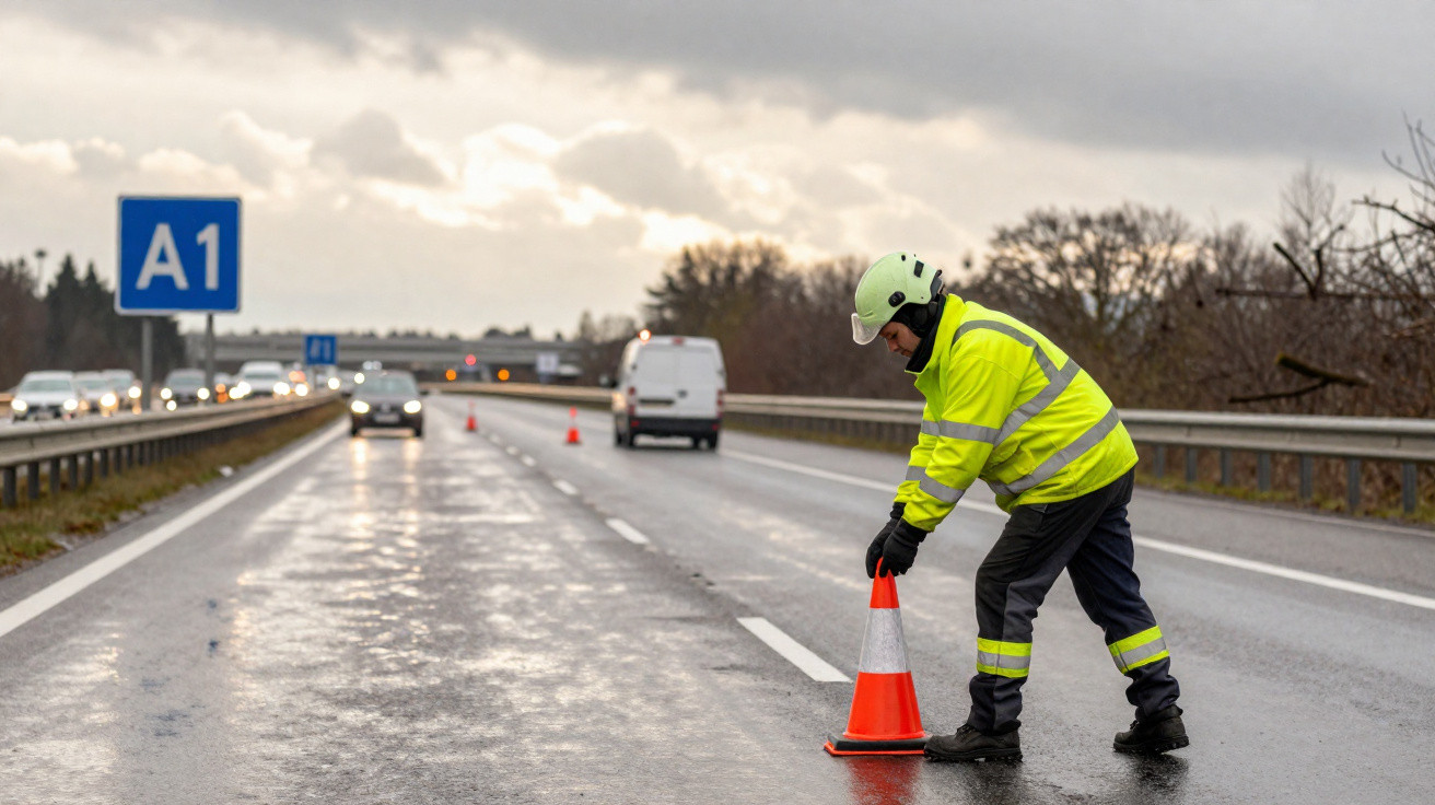 Trabalhador com roupa refletiva colocando cone laranja na estrada molhada próxima a veículos na rodovia A1.