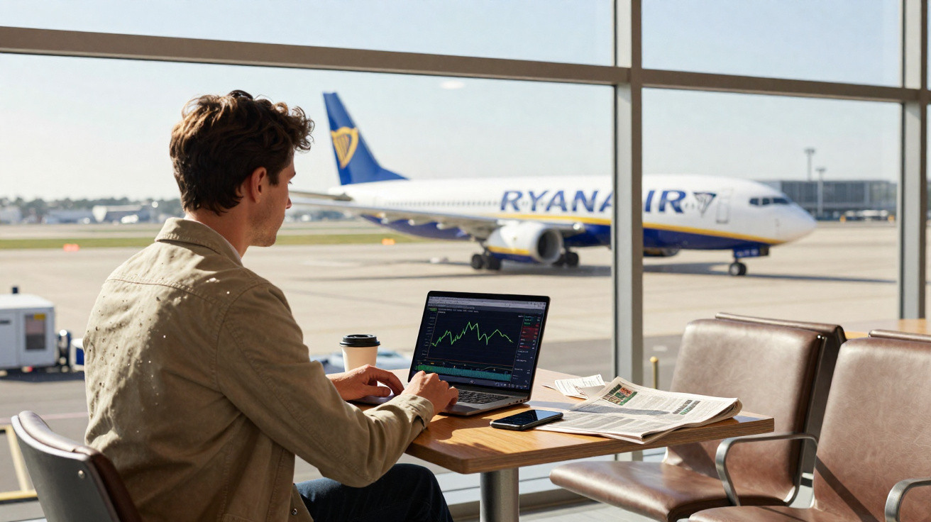 Homem em aeroporto trabalhando no laptop com gráfico financeiro, avião da Ryanair ao fundo.