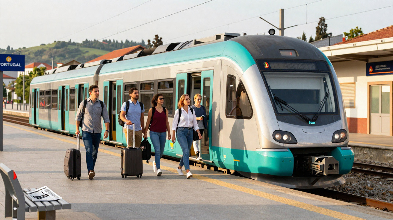 Quatro pessoas caminhando na plataforma de estação ao lado de trem moderno estacionado em dia ensolarado.