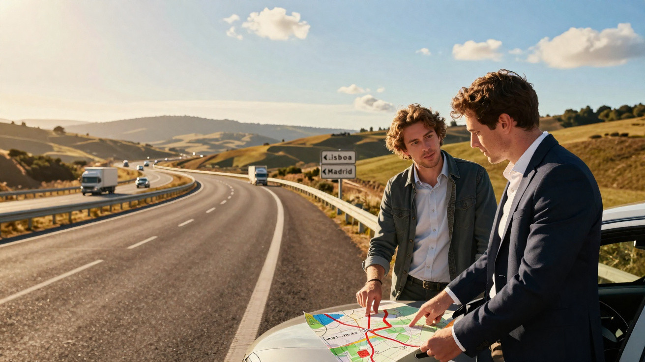 Dois homens consultam um mapa apoiados no capô de um carro ao lado de uma estrada sob o pôr do sol.