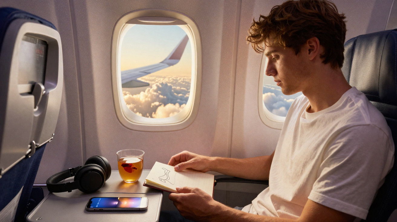 Homem sentado em avião lendo livro, com fone, celular e copo de bebida na mesa à sua frente.