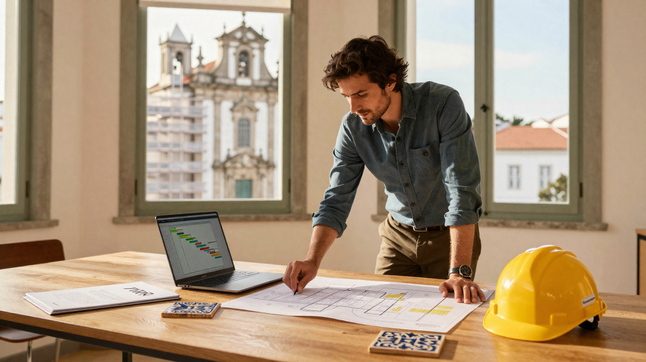Homem revisando projetos em planta sobre mesa com capacete amarelo e laptop em escritório com janelas.