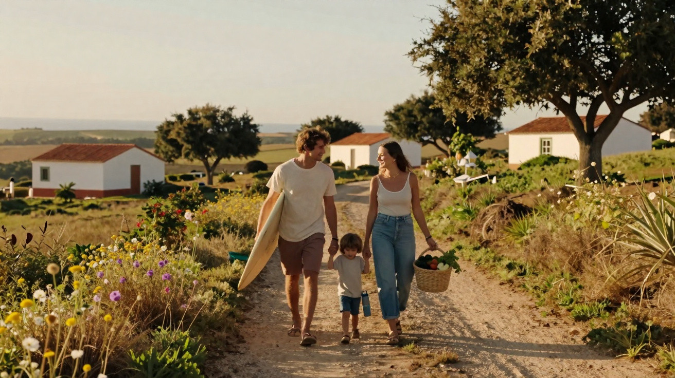 Família caminhando por estrada rural com casa brancas ao fundo em dia ensolarado.