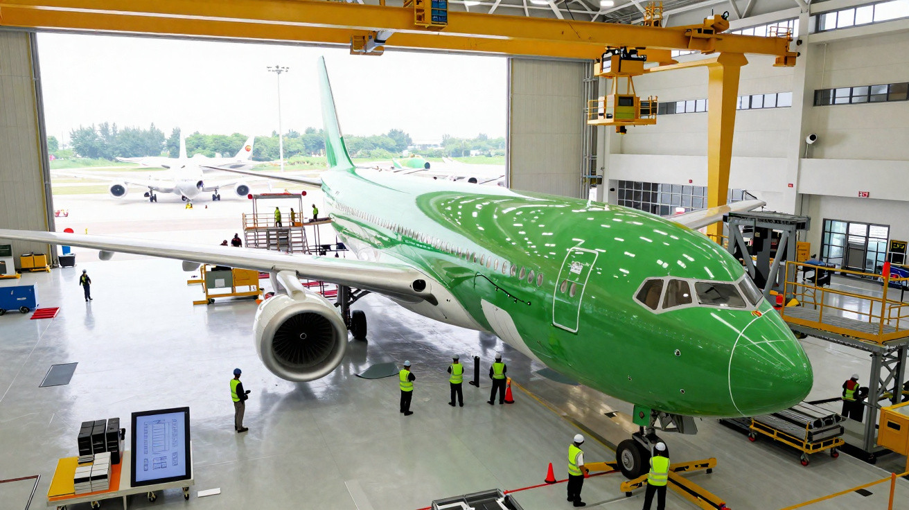 Aeronave verde em hangar de manutenção com técnicos ao redor realizando inspeção.