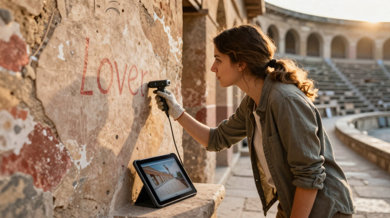 Mulher usando scanner 3D para digitalizar grafite antigo em parede de ruínas históricas.