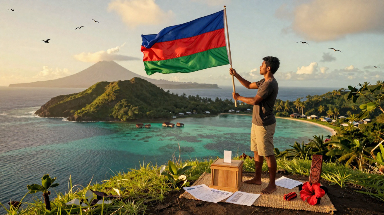 Homem segurando bandeira colorida no alto de morro com vista para mar e ilhas ao pôr do sol.