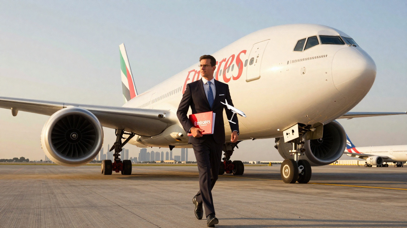 Homem de terno andando em frente a avião da Emirates em aeroporto durante pôr do sol.