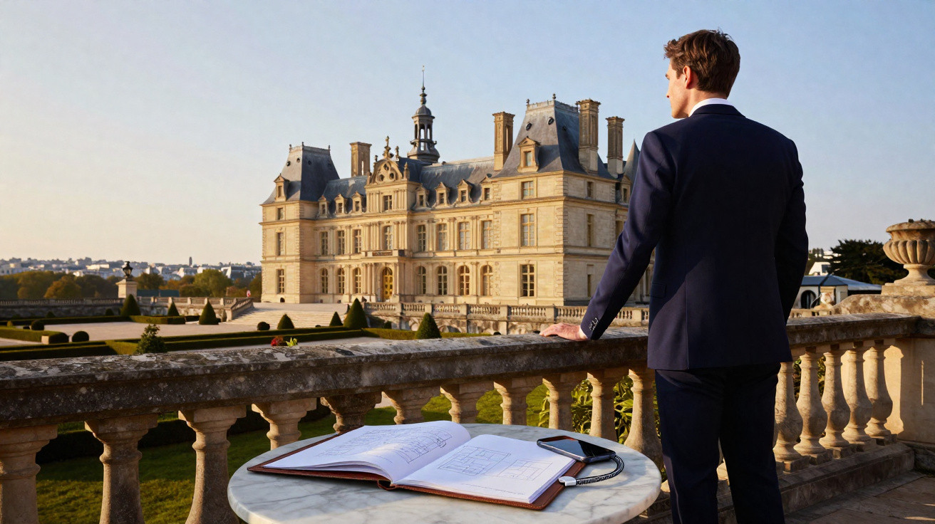 Homem de terno olhando para palácio histórico em um terraço com mesa, caderno aberto e celular.