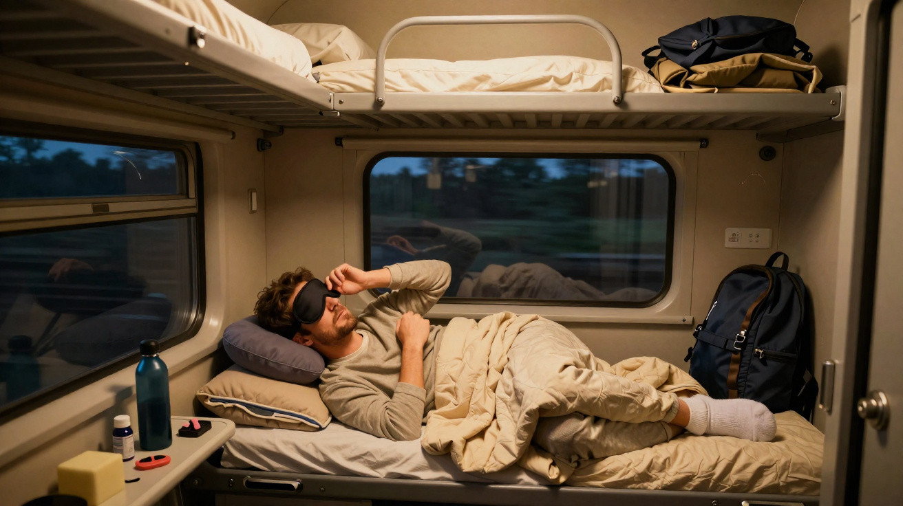 Homem deitado em cama de cabine de trem, usando máscara de dormir e coberto por cobertor bege.