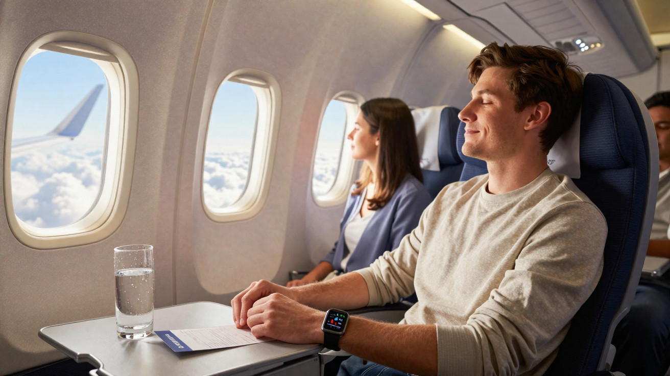 Homem relaxa com olhos fechados em poltrona de avião, mulher observa pela janela com copo d'água na mesa.
