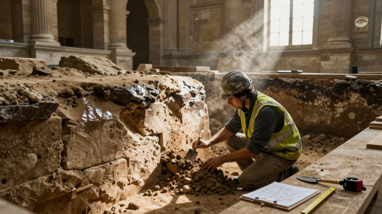 Arqueólogo escavando ruínas antigas dentro de um edifício histórico iluminado por luz natural.