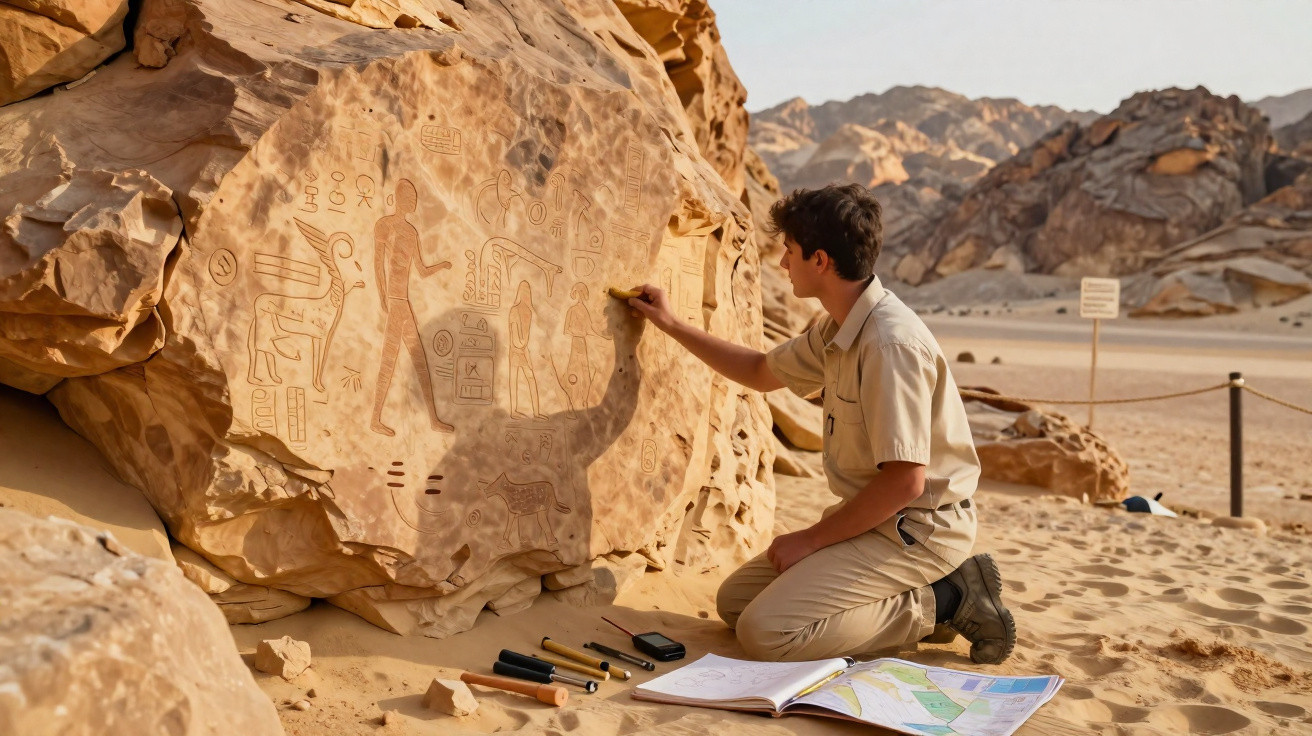 Homem analisa inscrições rupestres em pedra grande no deserto com caderno e ferramentas no chão.